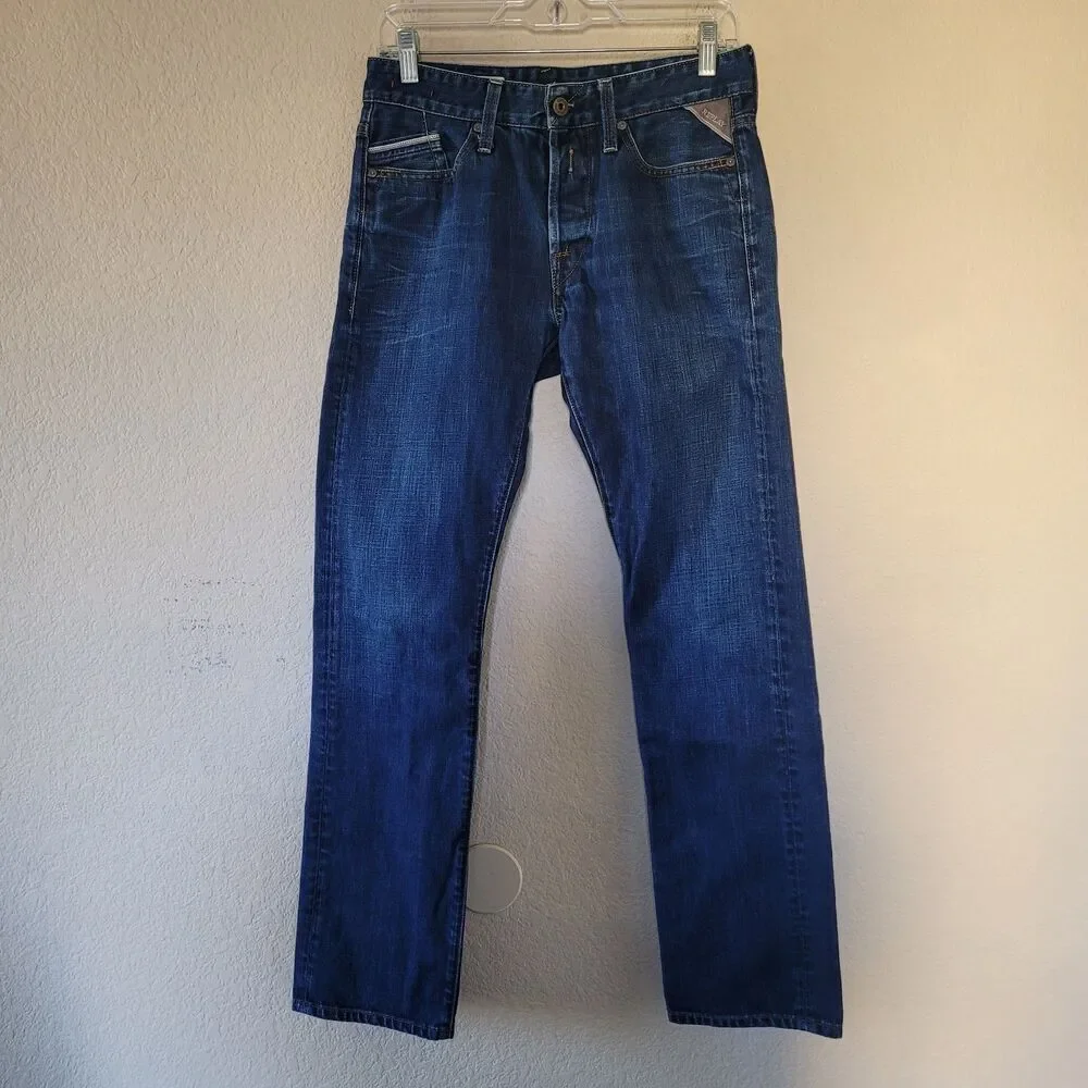REPLAY R81 Mens Waitom Jeans Dark Blue W29 L32 Button Fly Selvedge Made In Italy